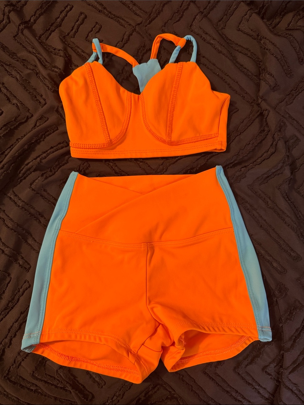 Girls' Tiger Friday Orange Sports Bra & Light Blue-Trim Shorts Active Set